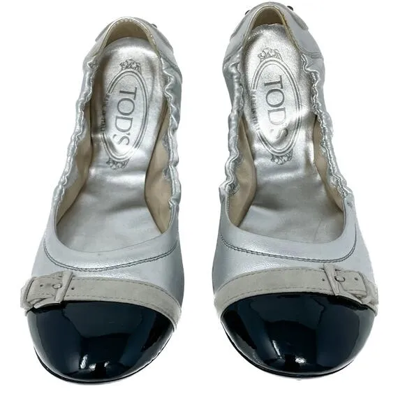 Tod’s Patent, Suede, &amp; Metallic Leather Ballerina Flats silver black size 37.5