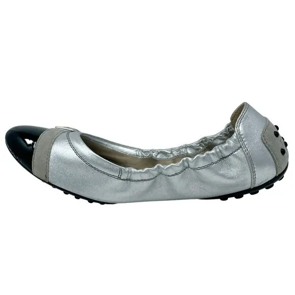 Tod’s Patent, Suede, &amp; Metallic Leather Ballerina Flats silver black size 37.5