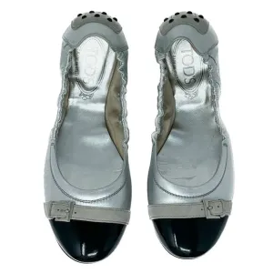 Tod’s Patent, Suede, &amp; Metallic Leather Ballerina Flats silver black size 37.5
