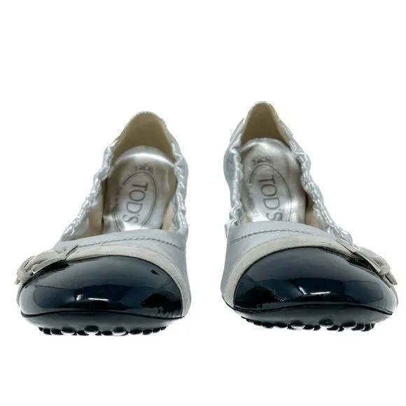 Tod’s Patent, Suede, &amp; Metallic Leather Ballerina Flats silver black size 37.5