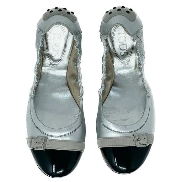 Tod’s Patent, Suede, &amp; Metallic Leather Ballerina Flats silver black size 37.5