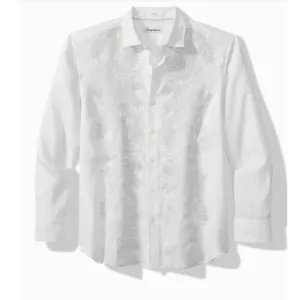 Tommy Bahama Down the Isle White  Embroidered Linen Shirt M Euro Style