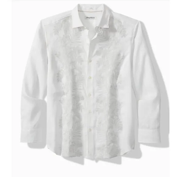 Tommy Bahama Down the Isle White  Embroidered Linen Shirt M Euro Style