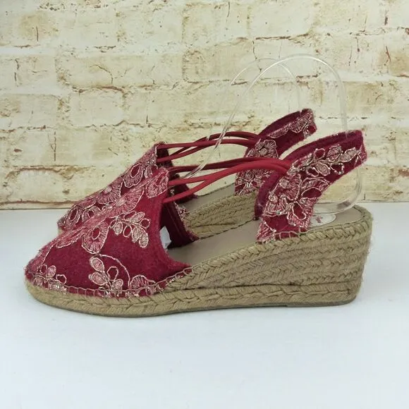 Toni Pons Wedge Espadrilles Sandal Women 42, 11 Red Embroidered Floral Wool Boho