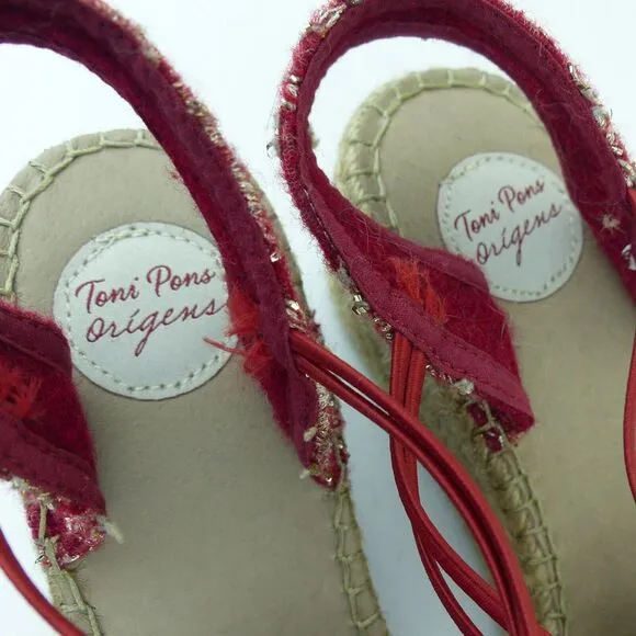 Toni Pons Wedge Espadrilles Sandal Women 42, 11 Red Embroidered Floral Wool Boho