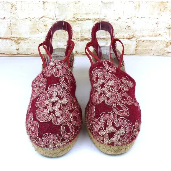 Toni Pons Wedge Espadrilles Sandal Women 42, 11 Red Embroidered Floral Wool Boho