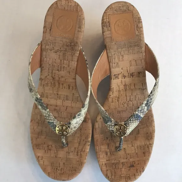 Tory Burch Alligator 🐊 Print Leather Thong Platform Cork Heel Sandals