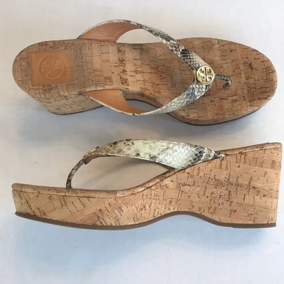 Tory Burch Alligator 🐊 Print Leather Thong Platform Cork Heel Sandals