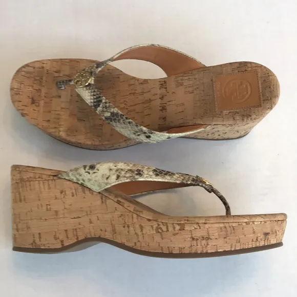 Tory Burch Alligator 🐊 Print Leather Thong Platform Cork Heel Sandals