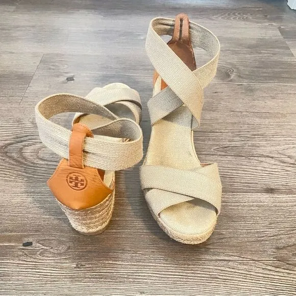 Tory Burch Beige Wedge Espadrilles Sandals Size 7.5