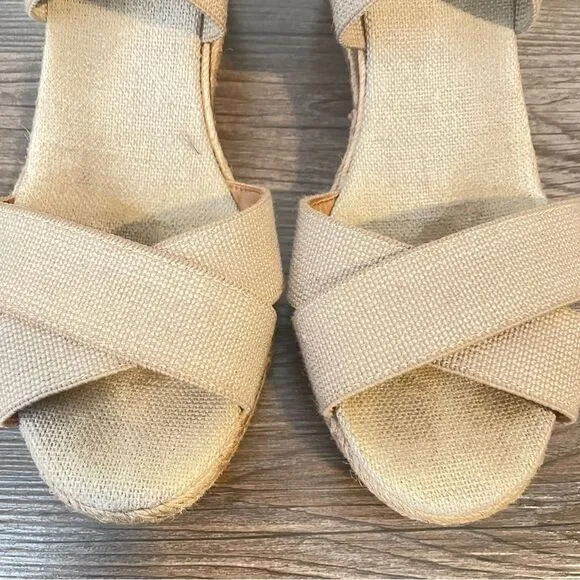 Tory Burch Beige Wedge Espadrilles Sandals Size 7.5