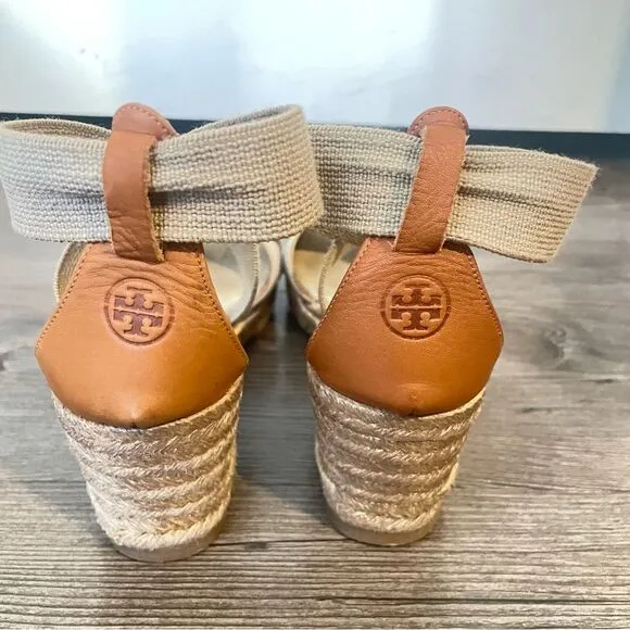 Tory Burch Beige Wedge Espadrilles Sandals Size 7.5