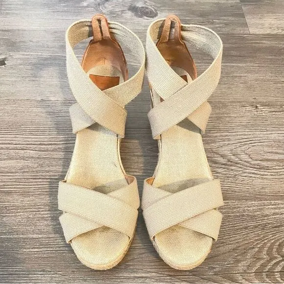 Tory Burch Beige Wedge Espadrilles Sandals Size 7.5
