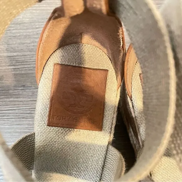 Tory Burch Beige Wedge Espadrilles Sandals Size 7.5