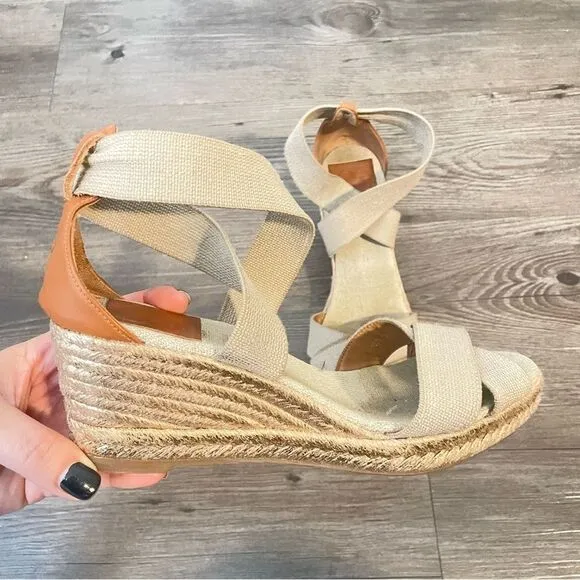Tory Burch Beige Wedge Espadrilles Sandals Size 7.5