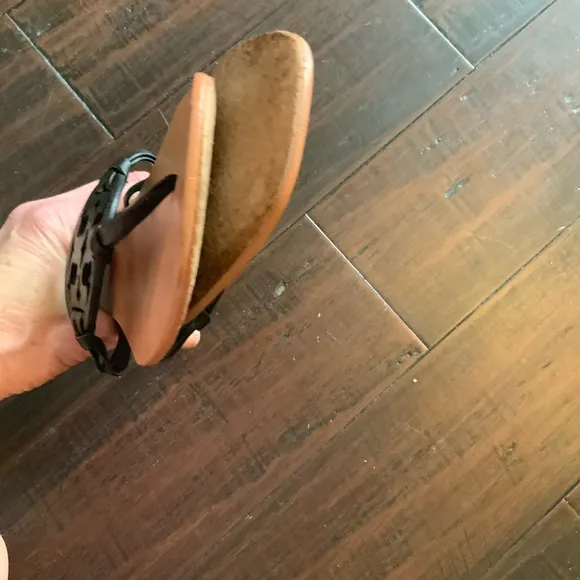 Tory Burch Black and Tan Sandals with Logo Emblem
