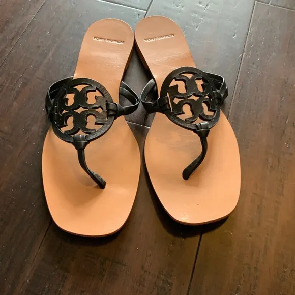 Tory Burch Black and Tan Sandals with Logo Emblem