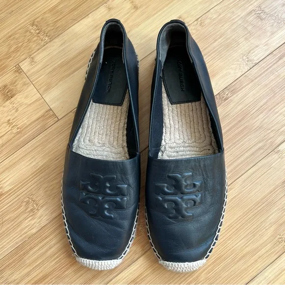 Tory Burch Black Leather Espadrille Flat Loafers - Size 9.5