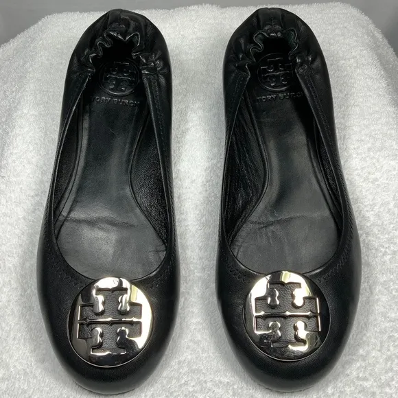 Tory Burch Black/Silver Minnie Travel Ballet Flats - Size 8