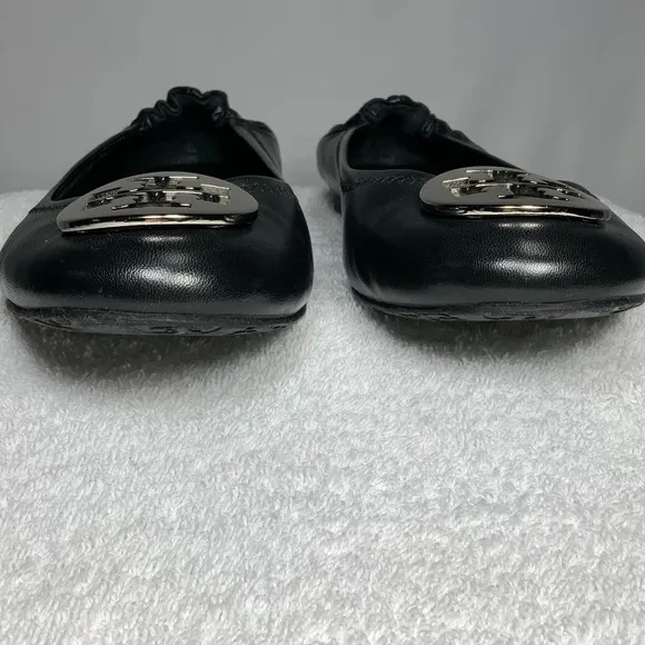 Tory Burch Black/Silver Minnie Travel Ballet Flats - Size 8