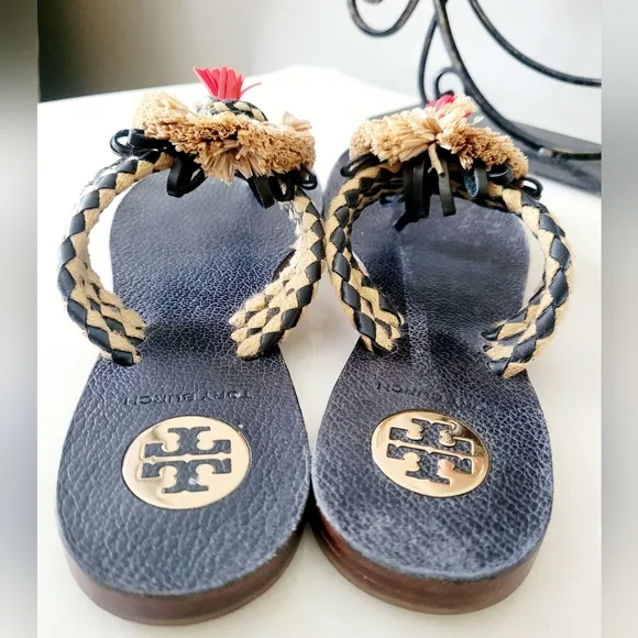 Tory Burch Burt Thong Ribbon Patent Calf Leather Sandals Floral Dandelion US 9
