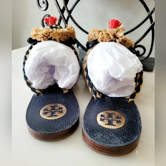 Tory Burch Burt Thong Ribbon Patent Calf Leather Sandals Floral Dandelion US 9