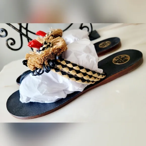 Tory Burch Burt Thong Ribbon Patent Calf Leather Sandals Floral Dandelion US 9
