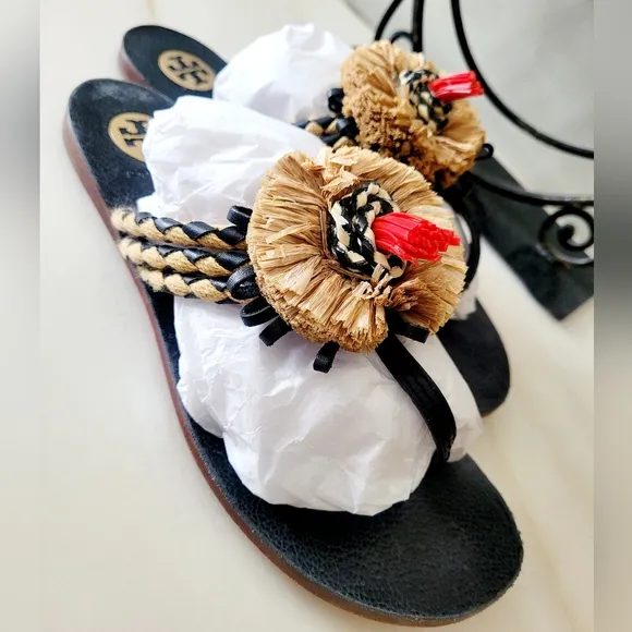 Tory Burch Burt Thong Ribbon Patent Calf Leather Sandals Floral Dandelion US 9