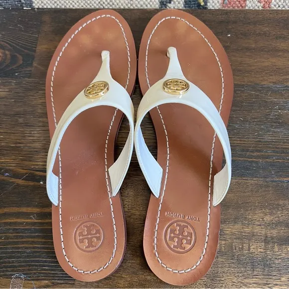 Tory Burch Cameron White Leather Thong Sandals US8M