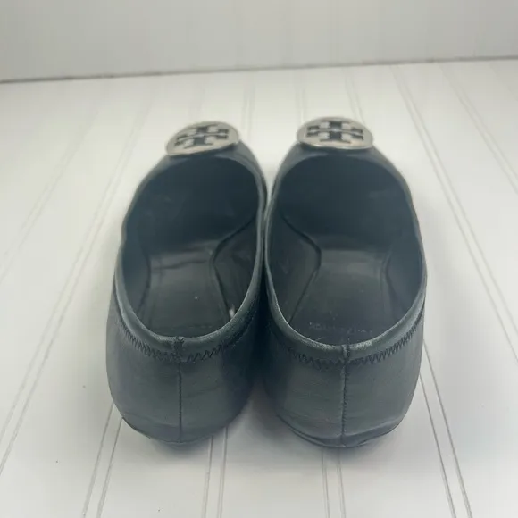 Tory Burch Claire Ballet Flats Black Leather Upper Large Logo Women's Size 8.5
