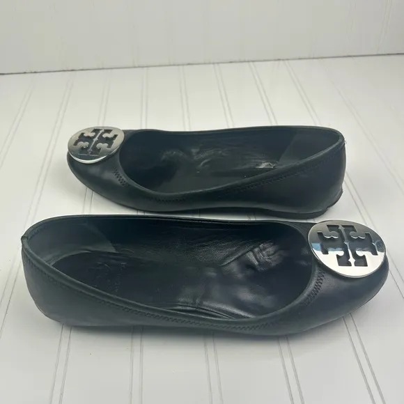 Tory Burch Claire Ballet Flats Black Leather Upper Large Logo Women's Size 8.5