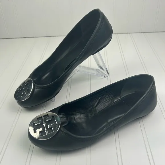 Tory Burch Claire Ballet Flats Black Leather Upper Large Logo Women's Size 8.5