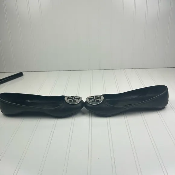 Tory Burch Claire Ballet Flats Black Leather Upper Large Logo Women's Size 8.5