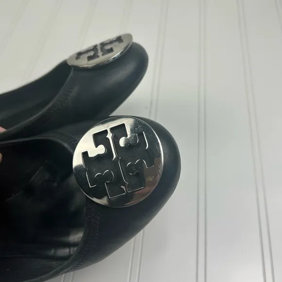 Tory Burch Claire Ballet Flats Black Leather Upper Large Logo Women's Size 8.5