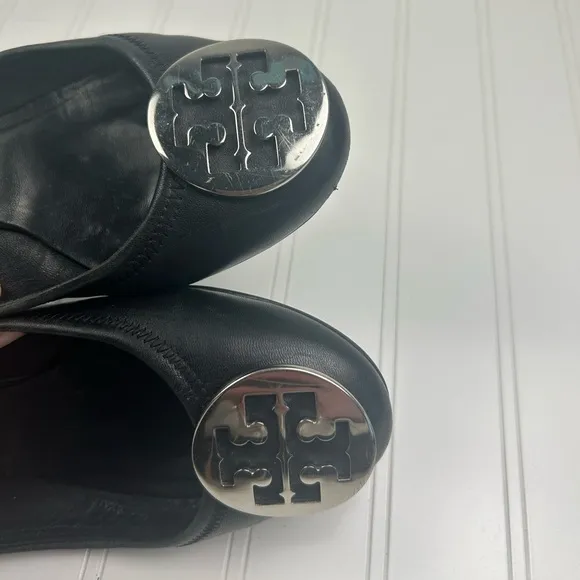 Tory Burch Claire Ballet Flats Black Leather Upper Large Logo Women's Size 8.5