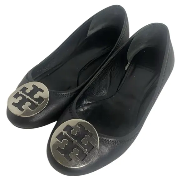 Tory Burch Claire Ballet Flats Black Leather Upper Large Logo Women's Size 8.5