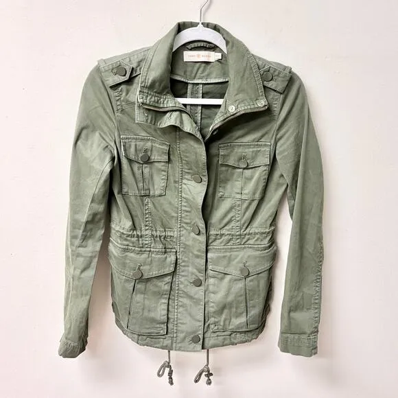 Tory Burch Cotton Blend Long Sleeve Button Front Utility Jacket Olive Women's XS