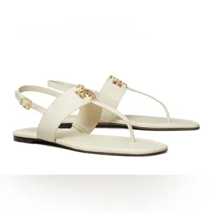 TORY BURCH Eleanor Thong Toe Logo Sandals GOAT LEATHER/Light cream size 8.5