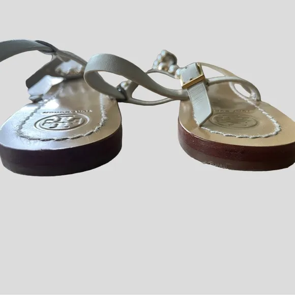 TORY BURCH Emmy Pearl Thong Linen White Leather Sandals Size 9M