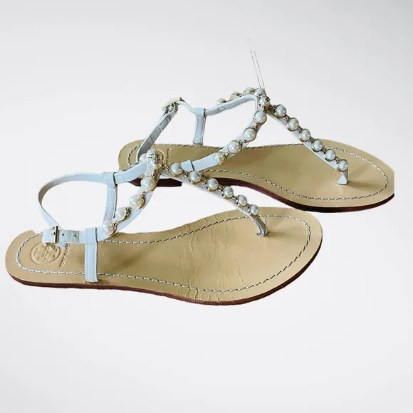 TORY BURCH Emmy Pearl Thong Linen White Leather Sandals Size 9M