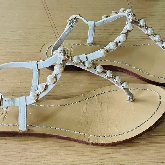 TORY BURCH Emmy Pearl Thong Linen White Leather Sandals Size 9M