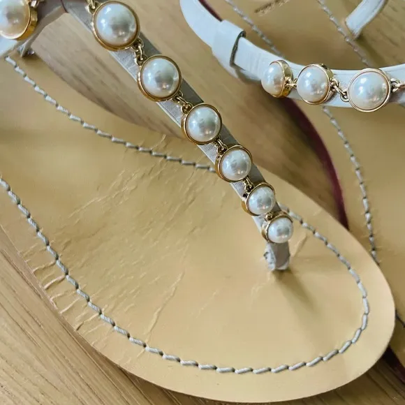 TORY BURCH Emmy Pearl Thong Linen White Leather Sandals Size 9M