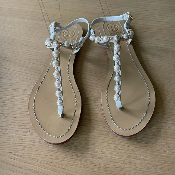 TORY BURCH Emmy Pearl Thong Linen White Leather Sandals Size 9M