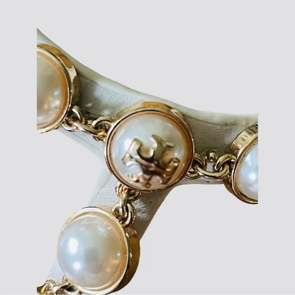 TORY BURCH Emmy Pearl Thong Linen White Leather Sandals Size 9M
