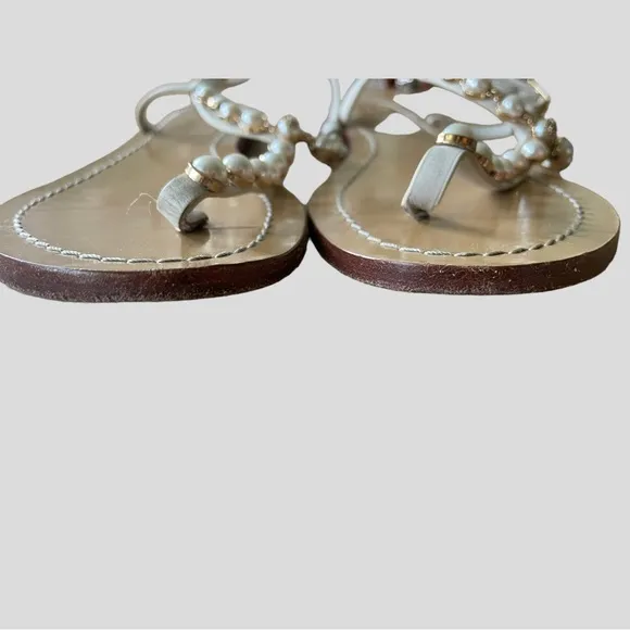 TORY BURCH Emmy Pearl Thong Linen White Leather Sandals Size 9M