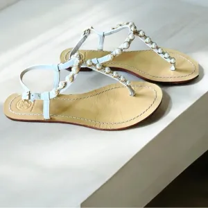TORY BURCH Emmy Pearl Thong Linen White Leather Sandals Size 9M