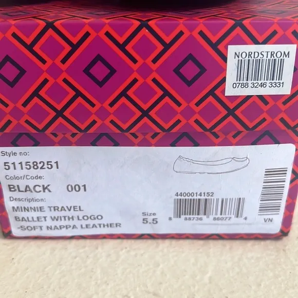 Tory Burch Flats Minnie Travel Ballet Flat Black Leather  logo Ballerina 5.5‎