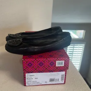 Tory Burch Flats Minnie Travel Ballet Flat Black Leather  logo Ballerina 5.5‎