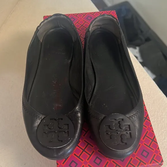 Tory Burch Flats Minnie Travel Ballet Flat Black Leather  logo Ballerina 5.5‎