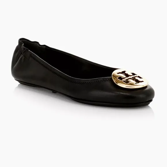 Tory Burch Iconic Black Leather Flats Silver Tone Logo Plate sz 8 Luxury Elegant